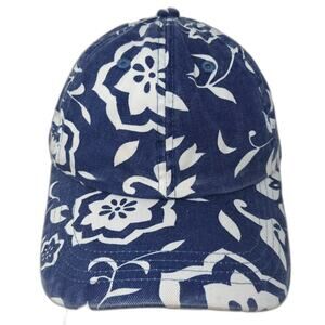 San Sun Baseball Cap Blue Floral Hibiscus Print OS Adjustable Slideback Hat